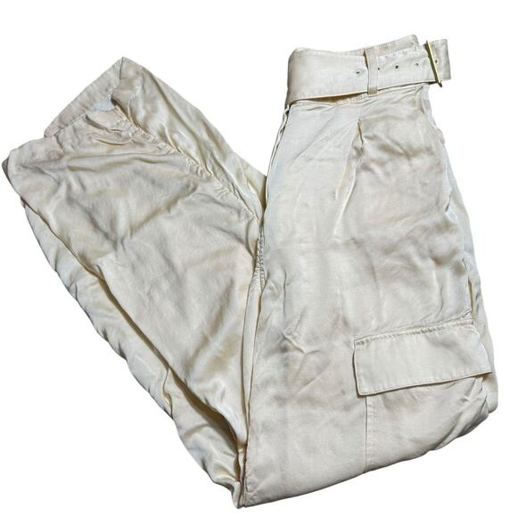 l'academie Mel Pants Belted Trousers Wide Leg Satin Beige Neutral Revolve NEW - Picture 4 of 8